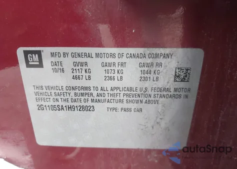 2017 Chevrolet Impala 1Lt из США, поврежденный, VIN 2G1105SA1H9128023